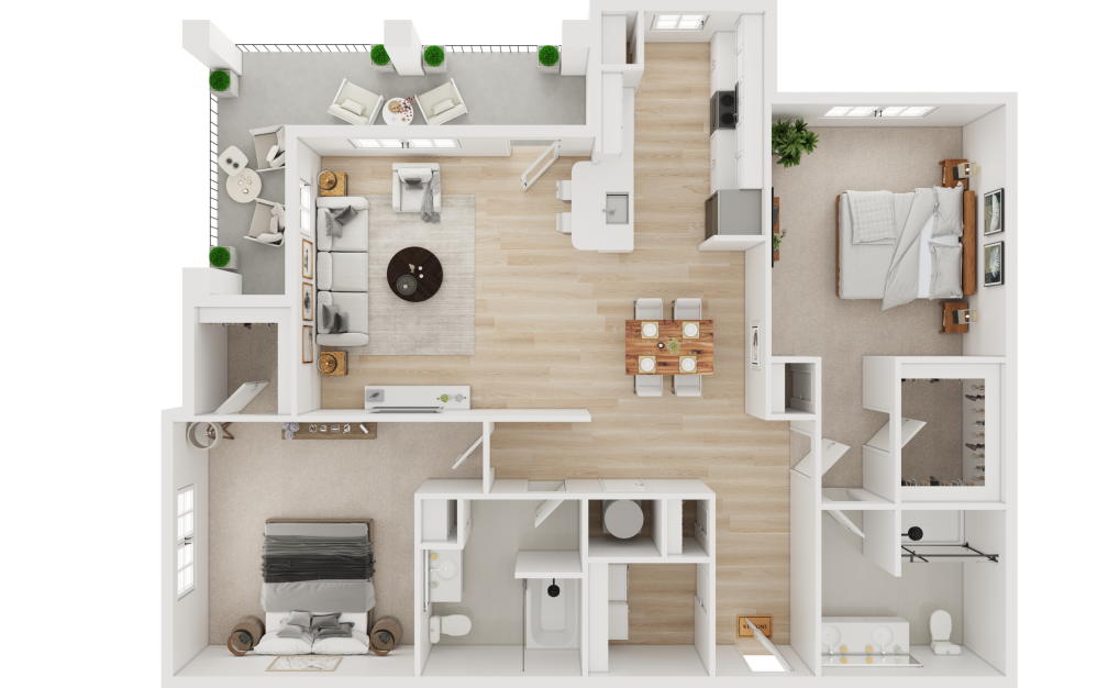 B2 - 2 bedroom floorplan layout with 2 bathrooms and 1294 square feet