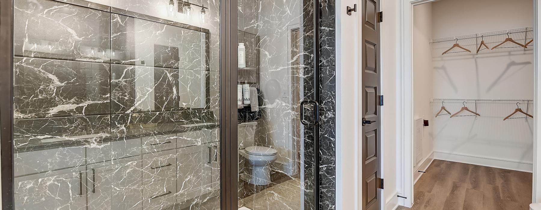 a bathroom with a glass shower