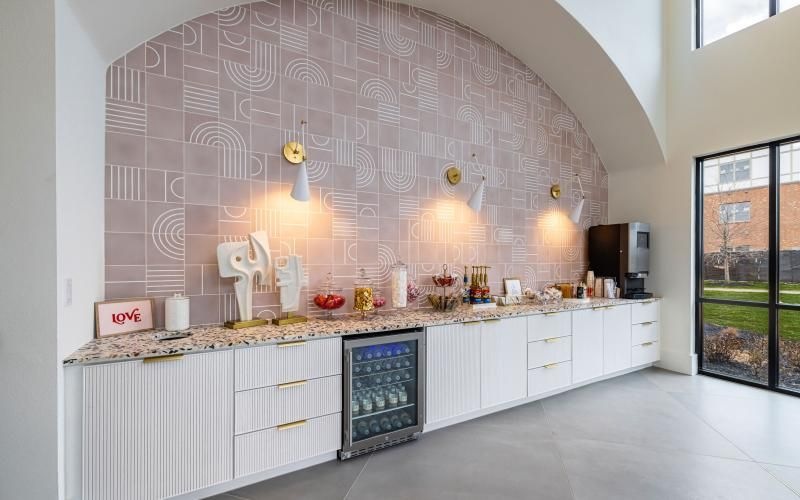 a kitchen with a large ceiling