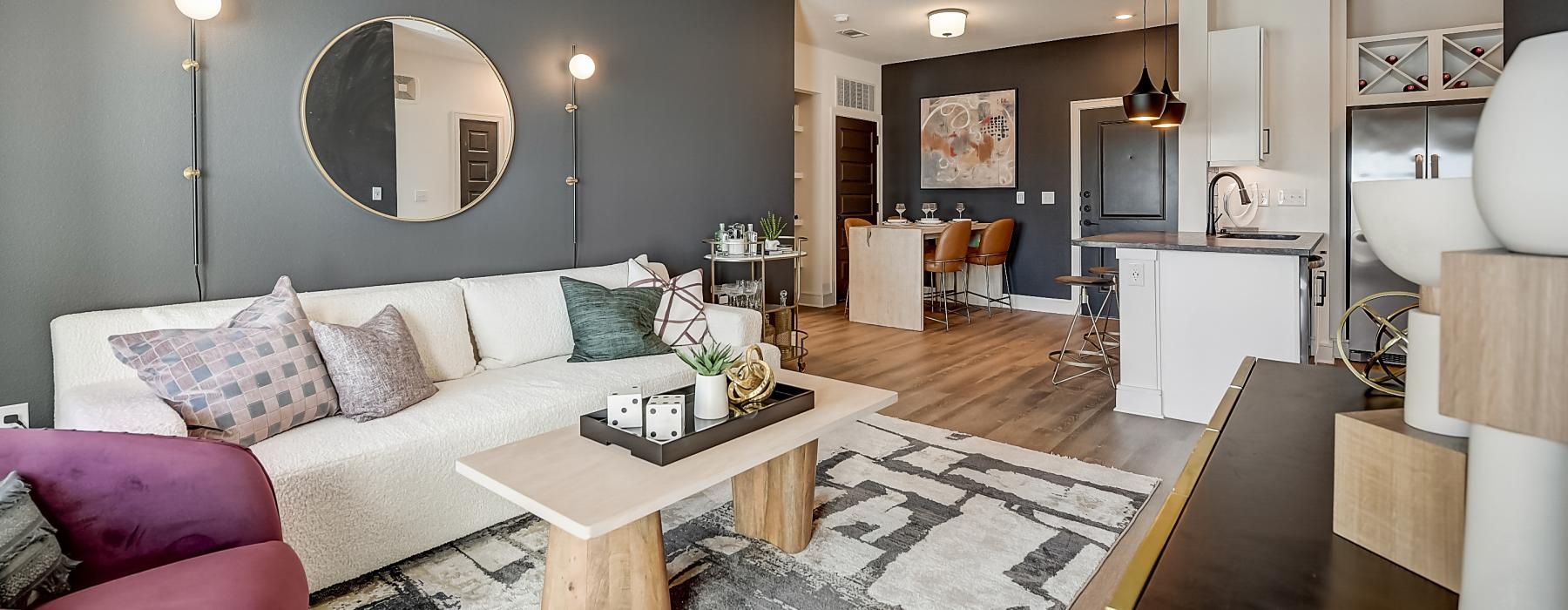 a living room with a couch and a table